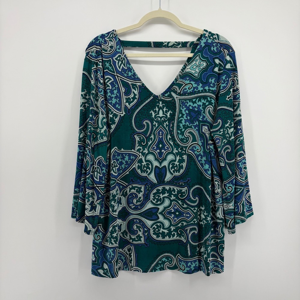 Chico's Size 12/14 Teal Paisley Travelers Blouse V-Neck 3/4 Sleeve Strap Back
